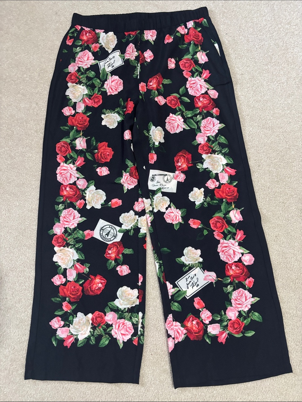Karl Lagerfeld Black Floral Wide-Leg Pants with pockets